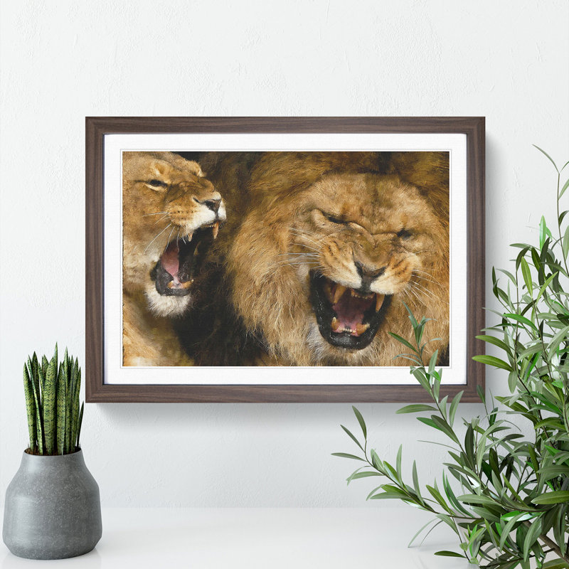 Two Lions - Picture Frame Painting, Walnut Framed, 27cm H x 36cm W x 2cm D