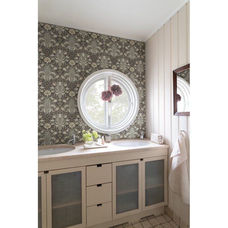 Spring Thicket Blue Tulip Damask Wallpaper, Gray