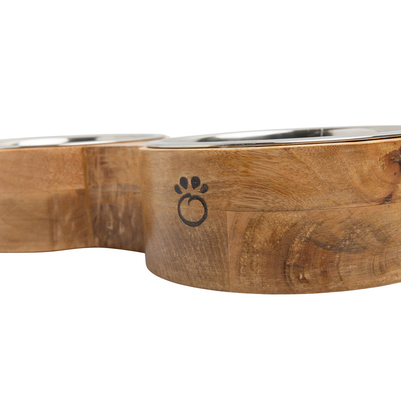 Small Mango Wood Elevated Double Pet Feeder with Stainless Steel Bowls