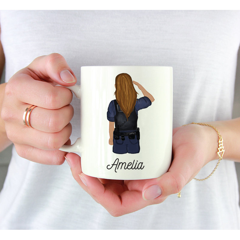 Tasse à café personnalisée, Jaune / brun, femme, agent de police 1, Oui