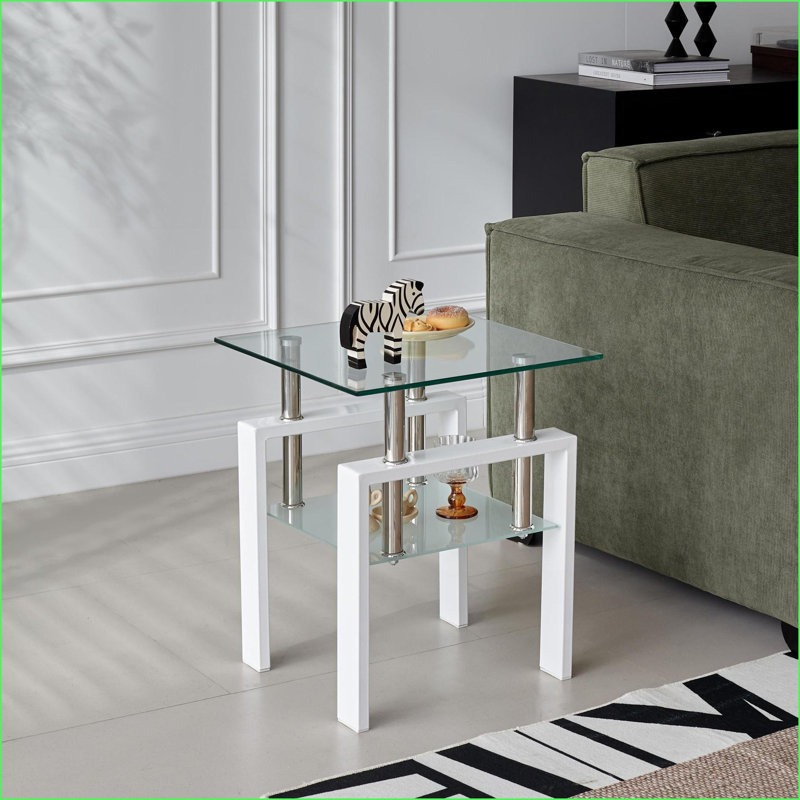 Table basse transparente en verre trempé avec rangement à 2 couches, facile à nettoyer et amp; Gain de place pour le salon