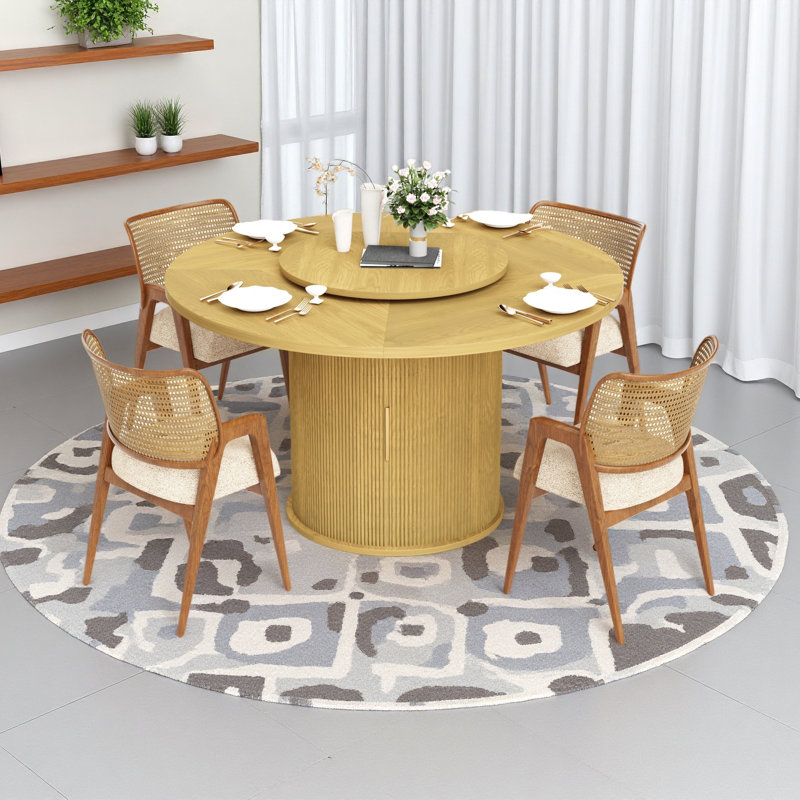Table de salle à manger ronde de 55 pouces pour six personnes, comprenant un support de rangement à deux niveaux et un plateau de table rotatif. Portes coulissantes en bois à rayures ondulées