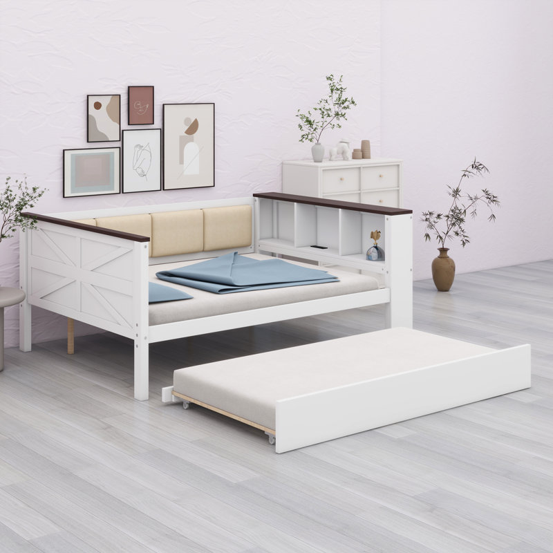 Modern Wood Daybed With Upholstered Backrest, Built-In Shelves, USB Charging Port & Hidden Pull-Out Trundle Bed