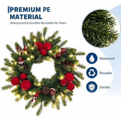 Couronne de Noël pré-illuminée de 50 cm (20 po) avec 20 DEL à piles et 8 modes, design rustique avec pommes de pin pour l'intérieur et l'extérieur