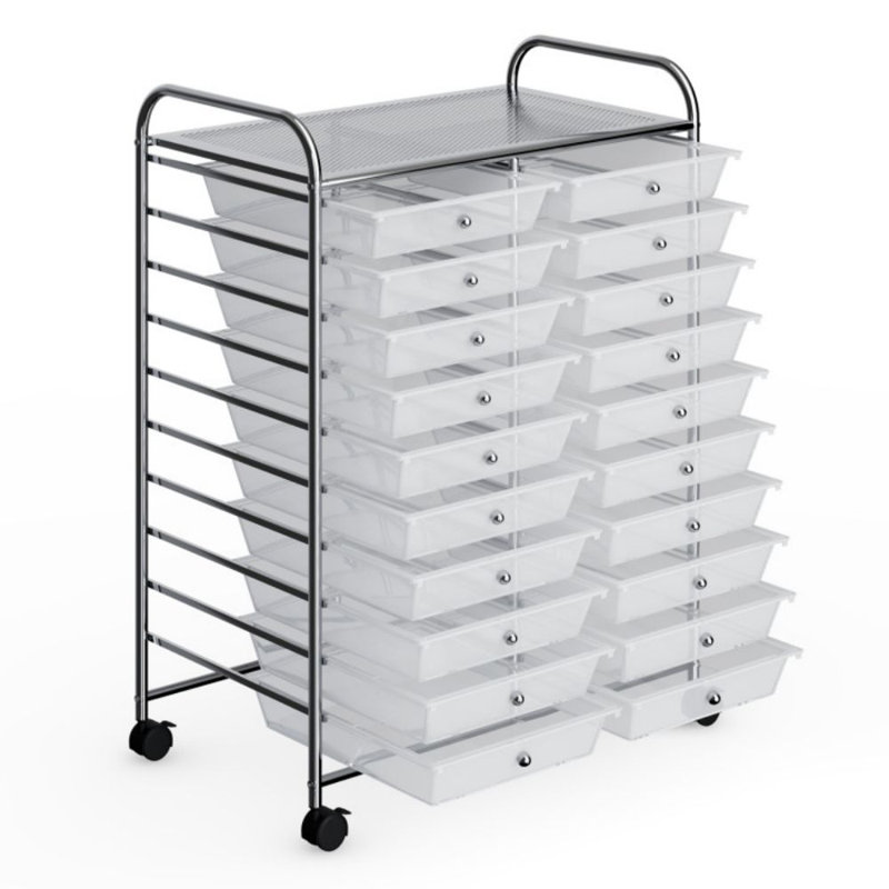 Clear 20-Drawer Rolling Organizer Cart with Chrome Frame