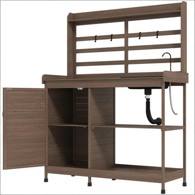 Banc de rempotage avec espace de rangement et lavabo, robinet d'eau, bois de sapin brun foncé, style champêtre, pieds en caoutchouc antidérapant, rangement de L 44,1 po x l 17,7 po H 57,5 po, apparence classique, couvre-pieds, grande capacité
