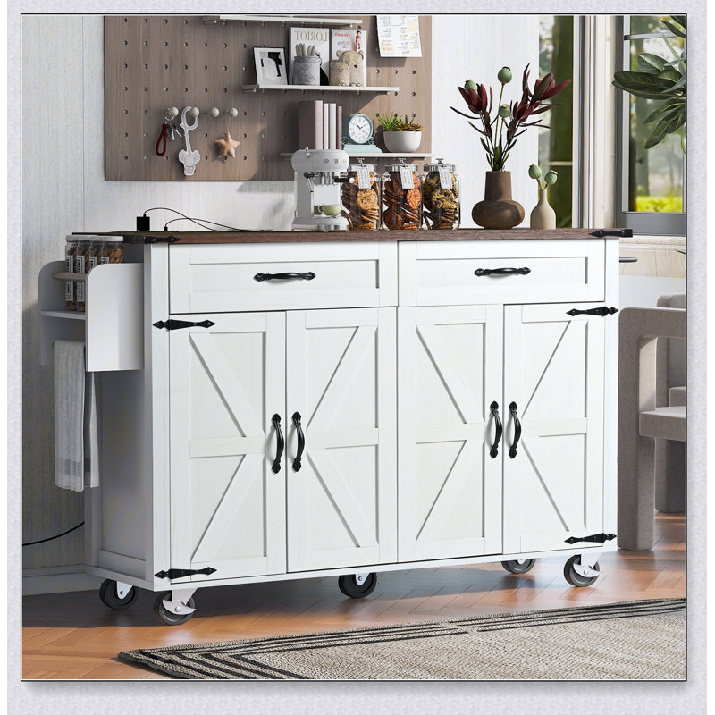 53.5 Inch Farmhouse Kitchen Island with Power Outlet, Spacious Storage, Drop Leaf, and Rolling Wheels for Versatile Use in Home Kitchens