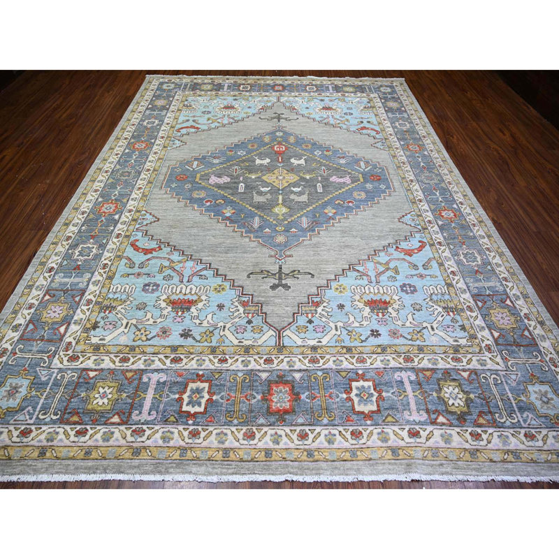 Tapis gris noué à la main de conception unique 8 pi 8 po x 11 pi 7 po New Age
