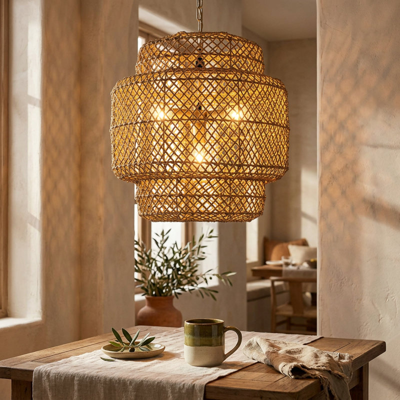 Clair 4-Light Handwoven Tiered Rattan Chandelier, Modern Organic Coastal Pendant