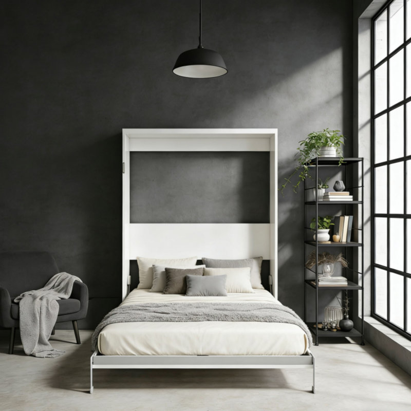 Lit escamotable mural blanc grand format facile à assembler avec bureau, pieds automatiques pour hôtel et salon