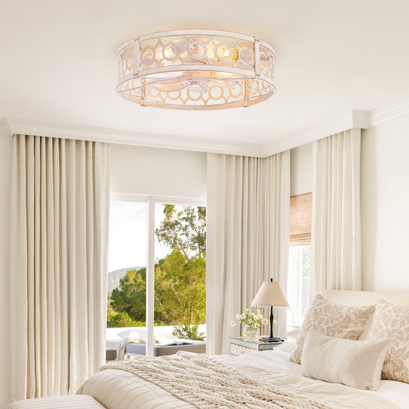 Cissline 20" Farmhouse Caged Flush Mount Ceiling Fan with Light Kit and Remote for Bedroom, White and Gold
