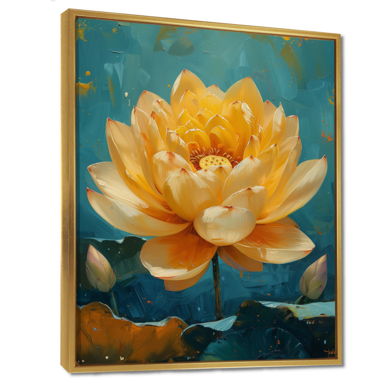 «Beige Green Radiant Lotus Pond», art mural Lotus, Cadre flottant doré, H 30 po x l 40 po