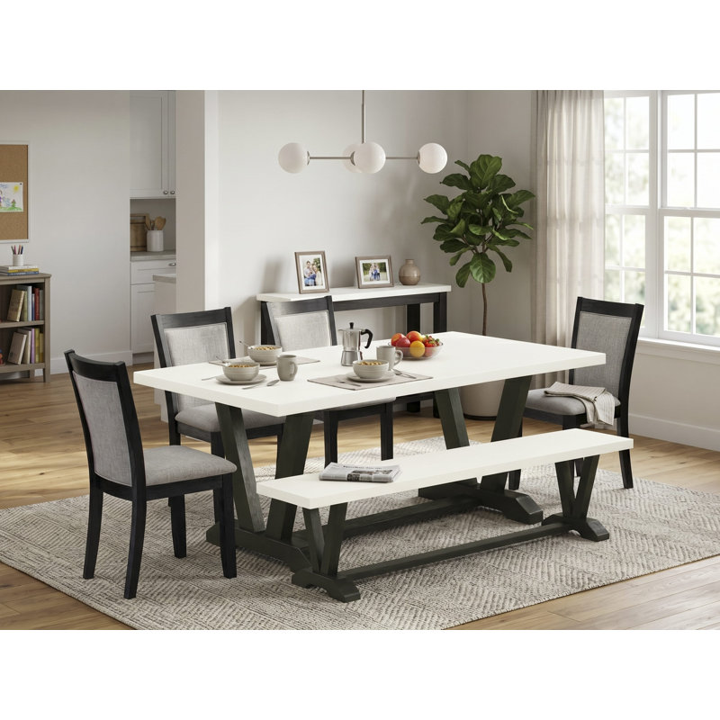 L'ensemble de table de style Mid-Century 6 pièces comprend une table moderne en lin blanc, un petit banc en bois et 4 chaises de salle à manger en tissu de lin Shitake avec dossier haut - finition noire brossée