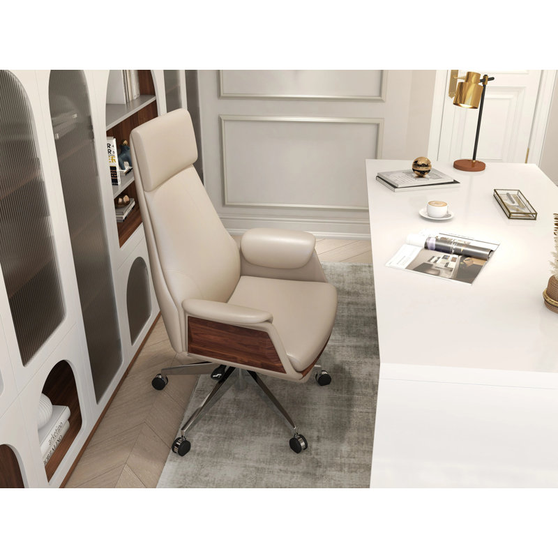 Reclining Swivel Office Desk Chair High Back Adjustable Khaki Leather Executive Chair, Brown