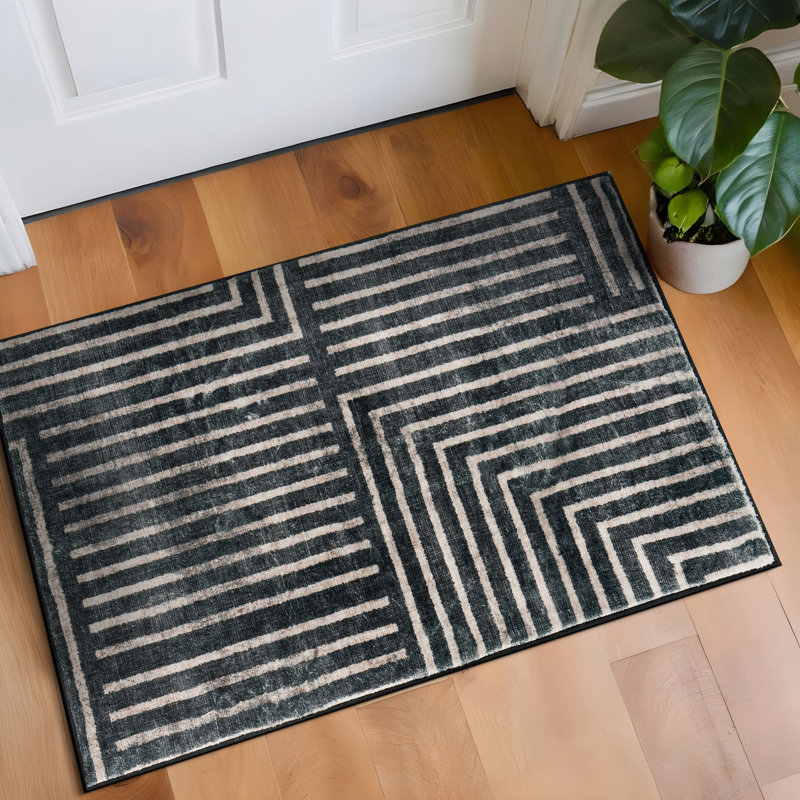 Tapis lavable antidérapant à rayures bohémiennes délavées, Rectangulaire 2 pi x 3 pi