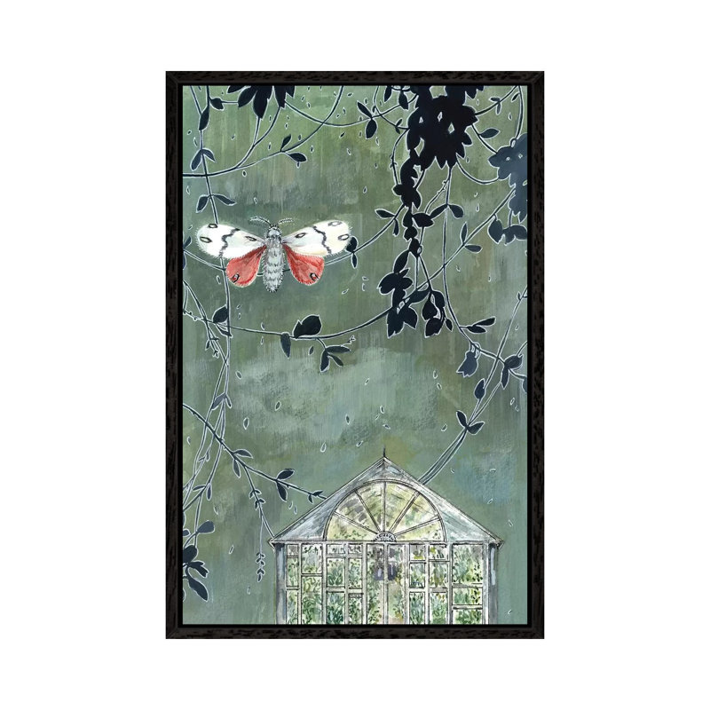 Greenhouse And Moth by Miri Eshet - Painting on Canvas, 101.6 cm H x 66.04 cm W, Black Framed