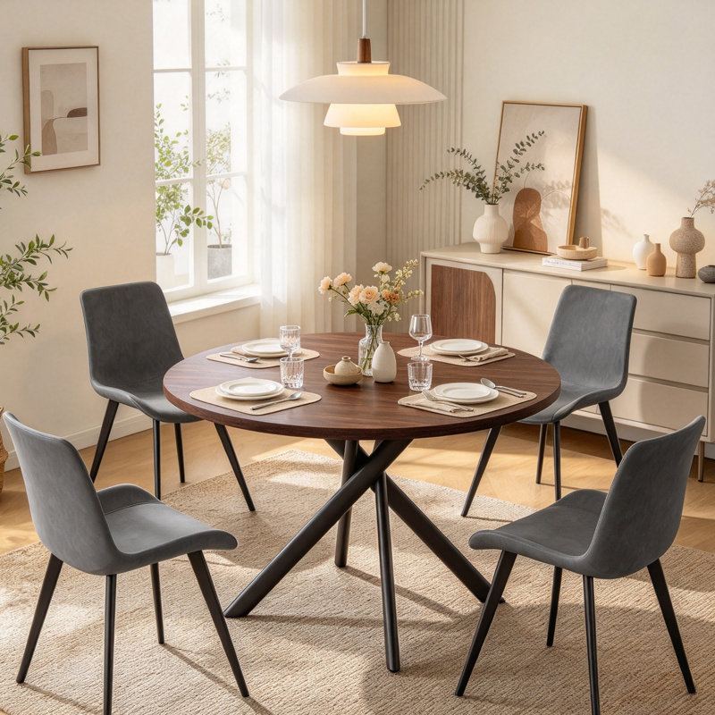 Table de salle à manger ronde Rohun, Brun / Noir, 5 pièces: table, 4 chaises, Gris / Noir