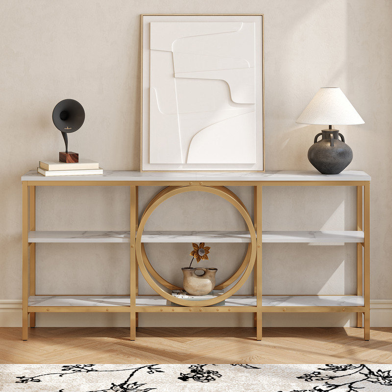 66"  Long Console Table,Narrow 3-Tier Entryway Table Sofa Table,Accent Industrial Hallway Table, White, Champagne