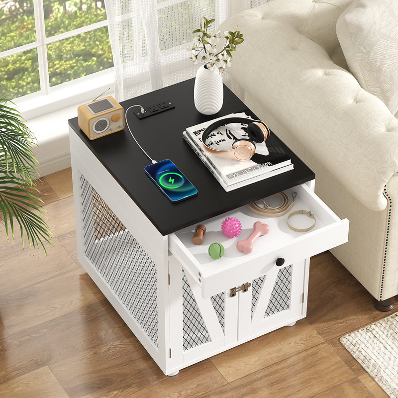 Dog Crate Furniture, Wooden Dog Kennel End Table with USB Charging Station, Storage Drawer, Double Latched Door, Farmhouse Furniture-Style Crate Side Table for Dogs Under 40 lbs, Indoor Use