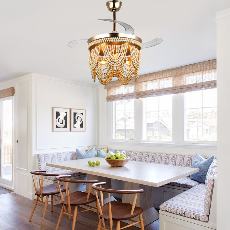  42" BoHo Gold Retractable Ceiling Fan with Light Kit and Remote Wooden Beads Shade 6-speed Reversible DC Motor, Gold
