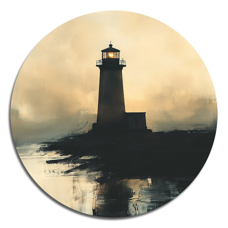 Phare du Crépuscule Doré I - Tableau mural rond en métal représentant un paysage marin, H 36 po x l 36 po