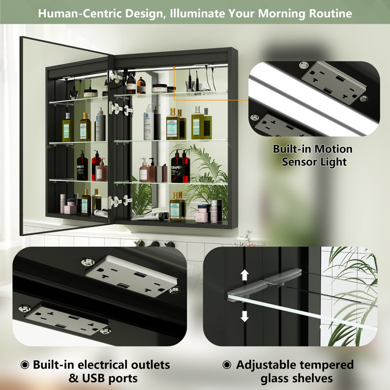 Hartli Recessed or Surface Mount LED Medicine Cabinet Mirror with Dimmable Light & Socket, Left-opening, Black