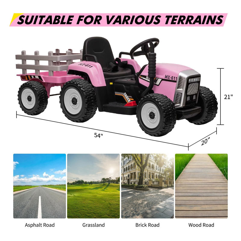 Tracteur électrique pour enfants 12V, alimenté par batterie, chariot pour tout-petits, Rose