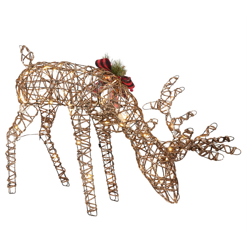 Rattan Grazing Reindeer with Bow and LED Lights Décor