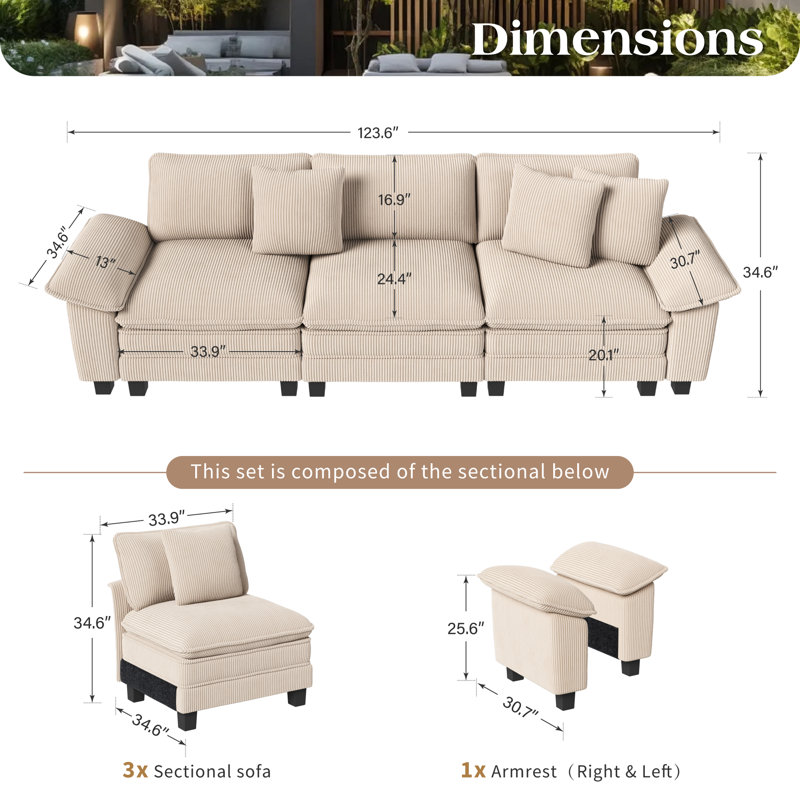 Chenille Sofa & Chaise, 3, Beige Corduroy