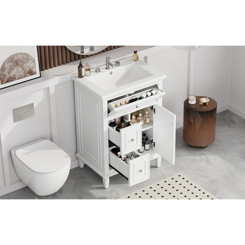Bathroom Vanity With Sink, Bathroom Vanity Cabinet With Adjustable Shelf, One Flip Drawer And Two Drawers, White
