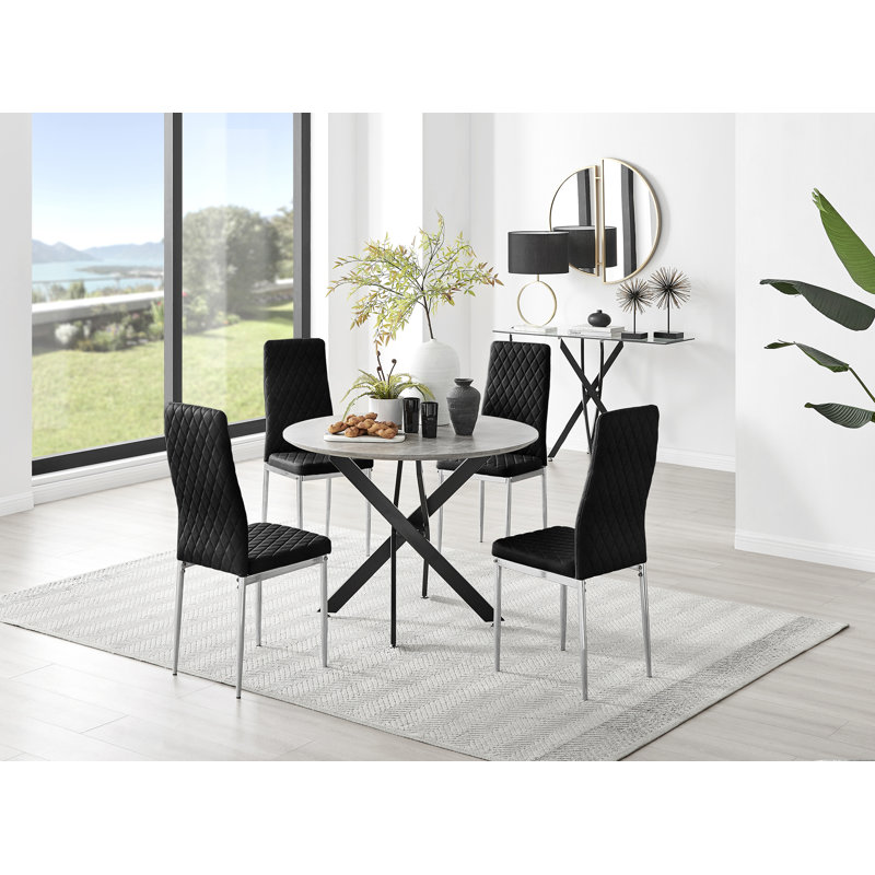 Tierra Modern Chrome Metal & Glass Round Dining Table Set with 4 Quilted Velvet Chairs, 75 x 100 x 100cm, Black, Black/Silver