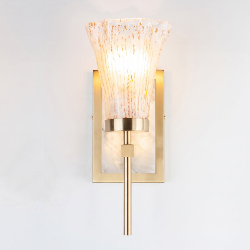 1-Light Antique Brass Flush Mounted Sconce, Alabaster & Handblown Glass