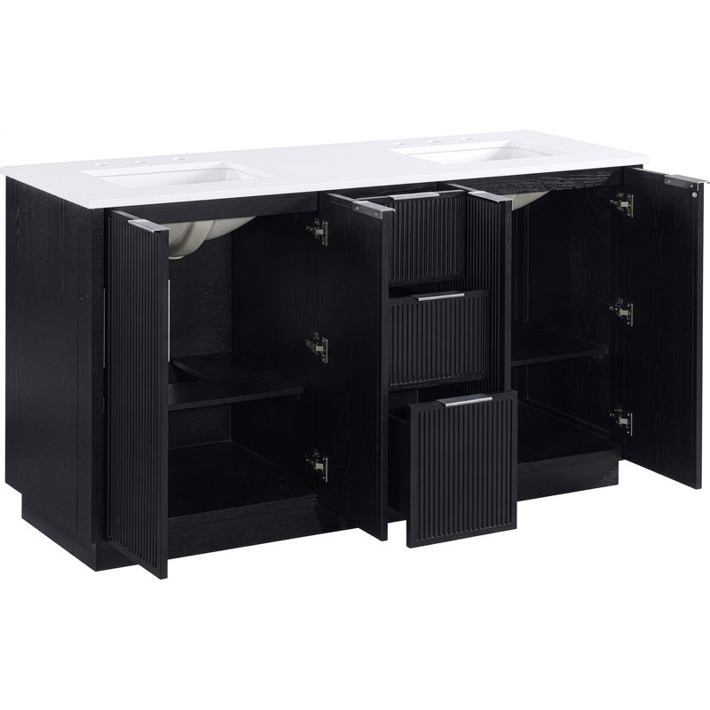 Meuble-lavabo en pierre noire et en bois massif 60 po Willard, Noir, 60"