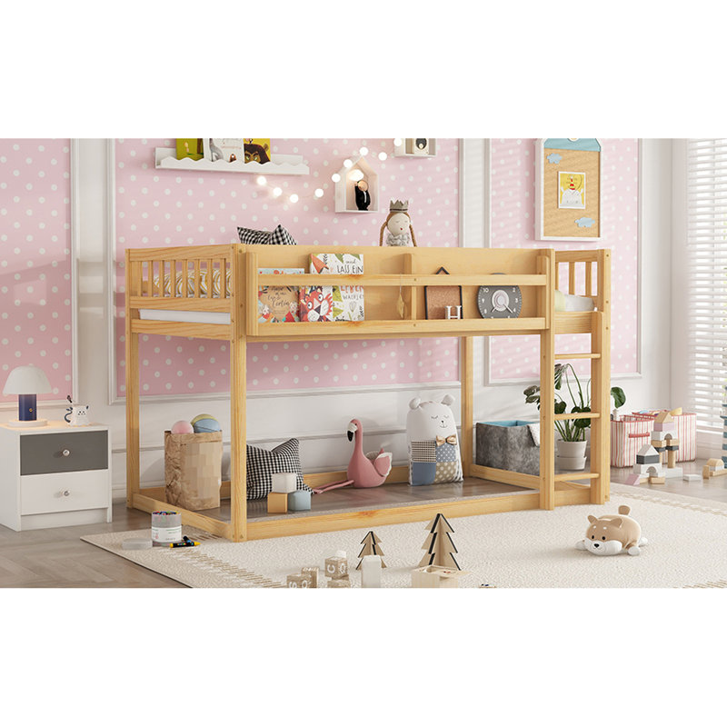 Lit superposé simple en bois massif pour plancher bas avec rangement pour livres et coussins Loft convertible en rangement, garde-corps pleine longueur, 3 marches idéales pour petites chambres, capacité de poids de 250 lb