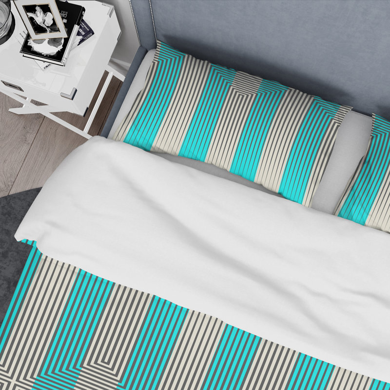 Retro Art Deco - Mid century bedding set - Modern Mid-century Bed cover set, Twin Duvet Cover + 1 Sham, Aqua/White Stripe