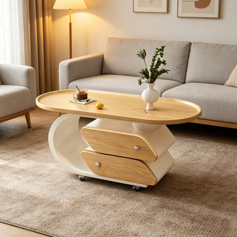 Table basse mobile moderne avec rangement à roulettes, H 19,68 po x l 39,37 po x P 19,68 po, Naturel / Blanc