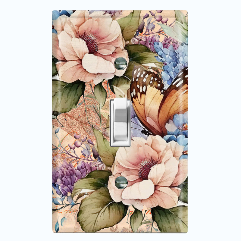Metal Light Switch Plate Outlet Cover (Colourful Butterfly Rose Flowers - Single Toggle)