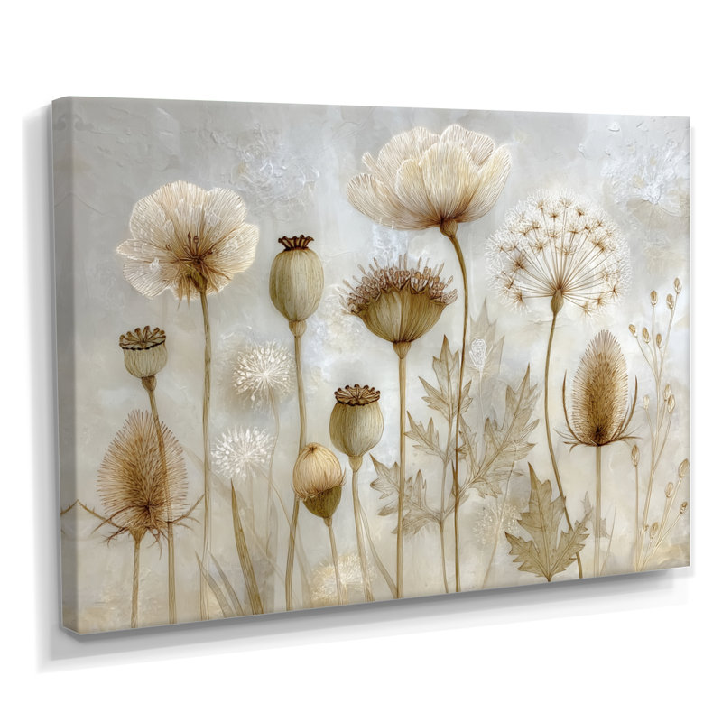«Morning Sunrise Rays Over Dried Flower Meadows», art mural fleurs blanches sur toile, H 12 po x l 20 po, Toile tendue