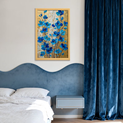 Plantes et fleurs, fleurs bleues sur fond doré, reproduction d'art