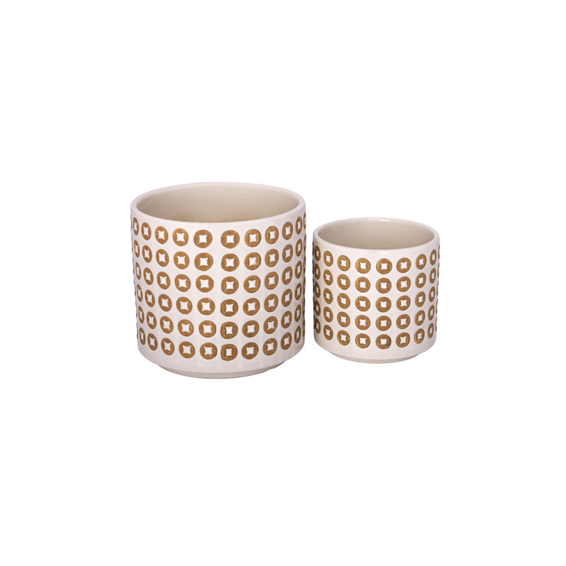 Ensemble de pots à fleurs ronds en céramique avec motif à lignes et bulles, blanc réactif l 8,00 po x H 8,00 po x H 6,00 po x H 6,00 po x P 6,50 po
