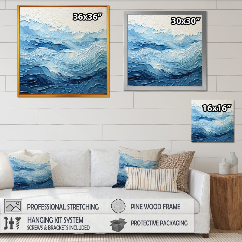 Bleu et blanc, vagues modernes de la côte I - art minimaliste côtier, Cadre flottant noir, 30" H x 30" W