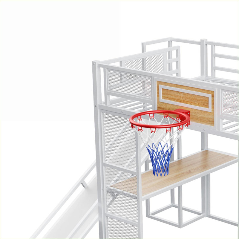Lit mezzanine double multifonctionnel, cadre compact en métal à finition blanche compacte et panneau de fibres à densité moyenne