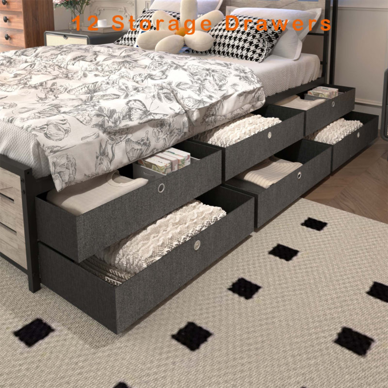 Structure de lit avec tête de lit avec rangement, 12 tiroirs, lumières DEL et plateforme en métal antidérapante pour une efficacité maximale de l'espace