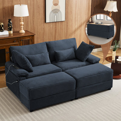 Multifunctional 3-Seater Corduroy Sofa with 2 Reversible Storage Ottomans