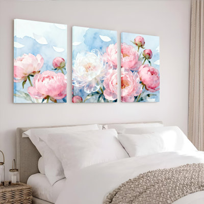 Aquarelle de pivoines, reproduction d'art sur toile tendue sur toile (ensemble de 3)