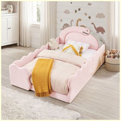 Lit double en forme de dinosaure avec barrière de sécurité, cadre de lit en bois massif, revêtement en tissu bouclé, pour enfants et tout-petits