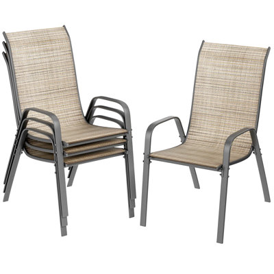 Chaises de patio empilables toutes saisons, tissu en textilène durable avec accoudoirs, structure en métal robuste, chaises de salle à manger d'extérieur à séchage rapide ergonomiques pour la cour et la piscine (brun, 4 pièces)