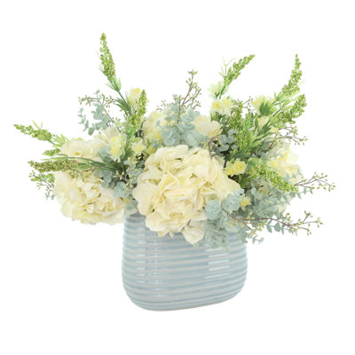 Spring Centerpiece with Hydrangeas, Eucalyptus and Heather