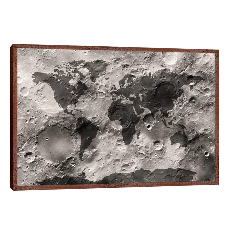 World Map On The Moon's Surface by Michael Tompsett - Print on Canvas, 152.5 cm H x 101.5 cm W, Brown Framed