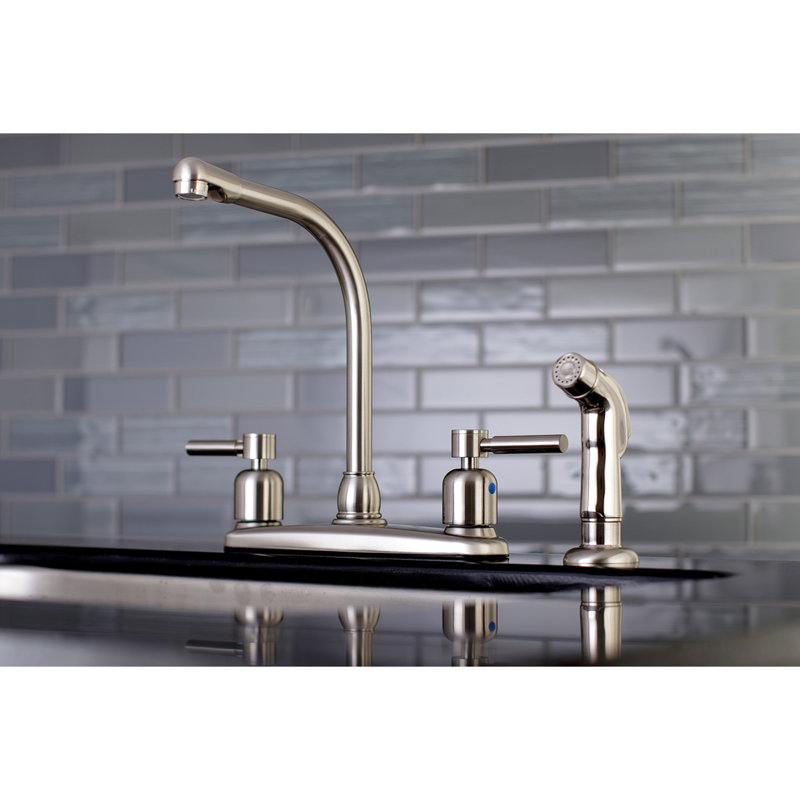 Kingston Brass Concord Two-Handle 4-Hole 8" Centerset Kitchen Faucet with Side Sprayer, Brushed Nickel
